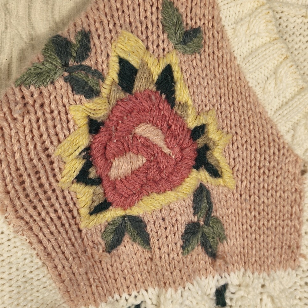 Vintage Patchwork Handmade Sweater Cottagecore Floral Knit Women Oversized Small - Picture 3 of 8